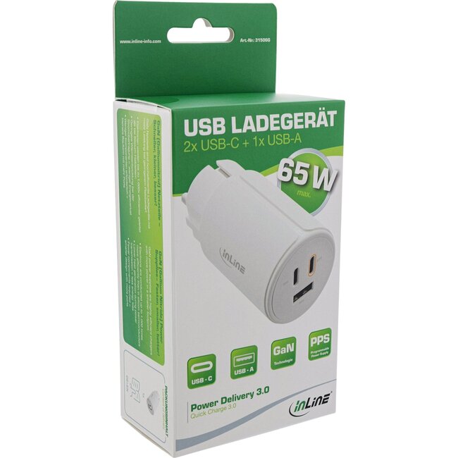 InLine USB Heimladegerät | 2x USB-C PD + 1x USB-A QC4+ | GaN | 65W | kompakt