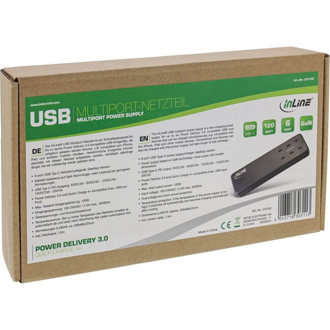 InLine USB Heimladegerät | 6x USB-C PD/QC4+ | GaN | 120W
