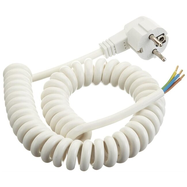 CEE 7/7 - 3-adriges offenes Ende Spiralkabel | 3x1,5mm² | Weiß | 4 Meter