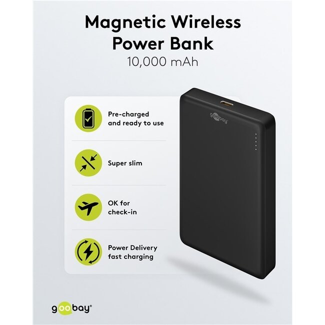 Goobay Powerbank | Kabelloses Laden + USB-C PD 20W | Qi + MagSafe | 10.000 mAh