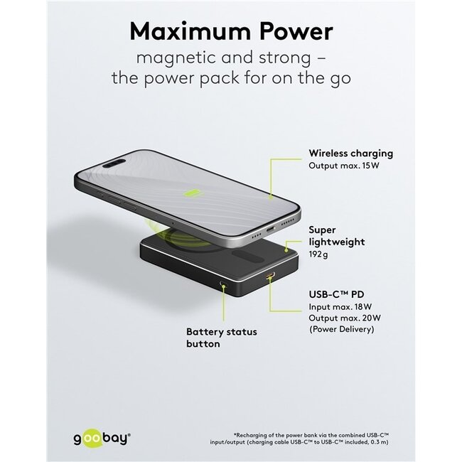 Goobay Powerbank | Kabelloses Laden + USB-C PD 20W | Qi + MagSafe | 10.000 mAh