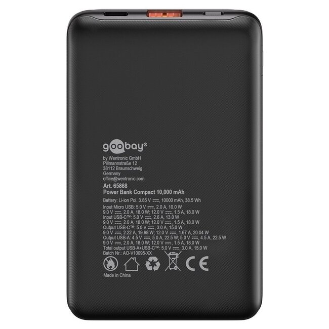 Goobay Kompakte Powerbank | USB-C PD 20W + USB-A QC | 10.000 mAh