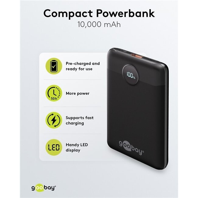 Goobay Kompakte Powerbank | USB-C PD 20W + USB-A QC | 10.000 mAh
