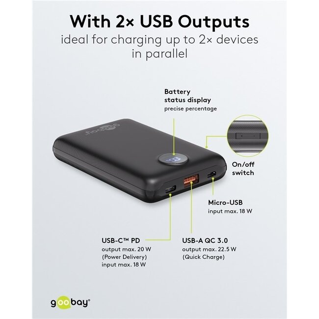 Goobay Kompakte Powerbank | USB-C PD 20W + USB-A QC | 10.000 mAh
