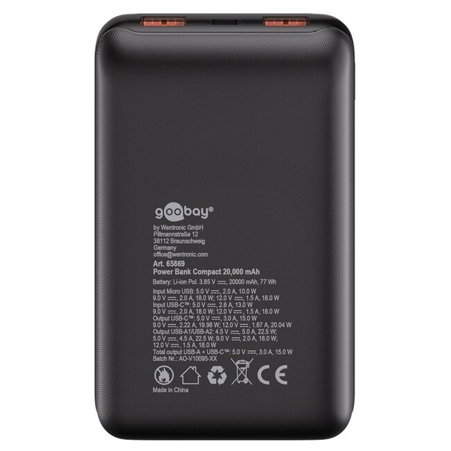 Goobay Kompakte Powerbank | USB-C PD 20W + USB-A QC | 20.000 mAh