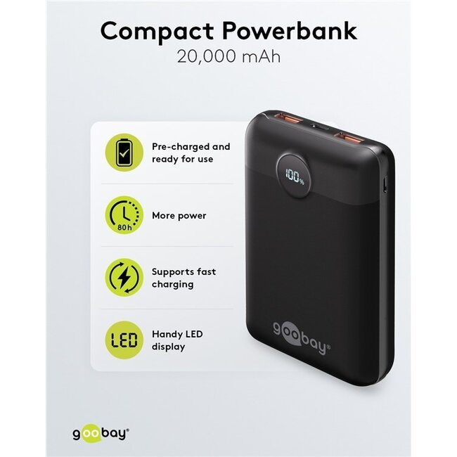 Goobay Kompakte Powerbank | USB-C PD 20W + USB-A QC | 20.000 mAh