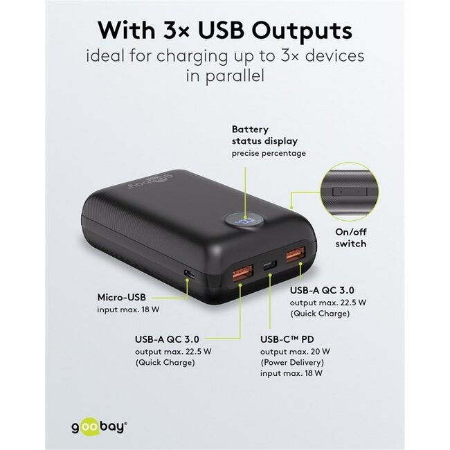 Goobay Kompakte Powerbank | USB-C PD 20W + USB-A QC | 20.000 mAh