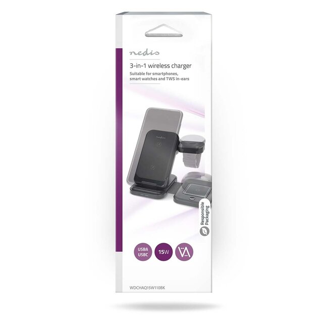 Nedis 3-in-1 kabelloses Qi Ladegerät | 15W | Schwarz