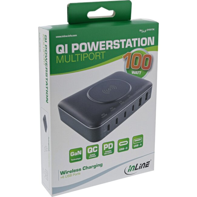 InLine Multiport USB Powerstation | Qi + 4x USB-C PD + 2x USB-A QC | 100W