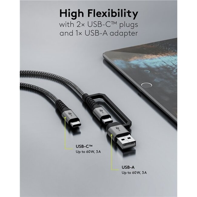Goobay USB-C Textilkabel mit USB-A Adapter | USB 2.0 | PD 60W | 1 Meter