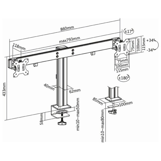 InLine Schreibtischhalterung für 2 Monitore bis 32 Zoll | Crossbar | Full Motion