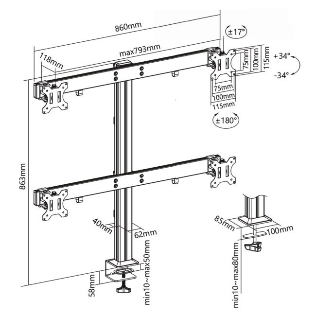 InLine Schreibtischhalterung für 4 Monitore bis 32 Zoll | 2x Querstreben | Full Motion
