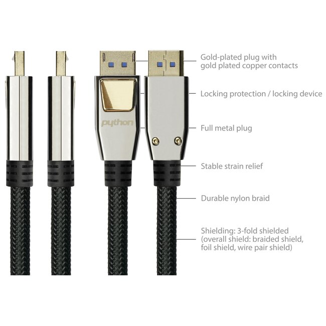 Python DisplayPort Kabel | DP2.1a (10K 60Hz) | UHBR13.5 (54Gbit/s) | Schwarz | 0,5 m