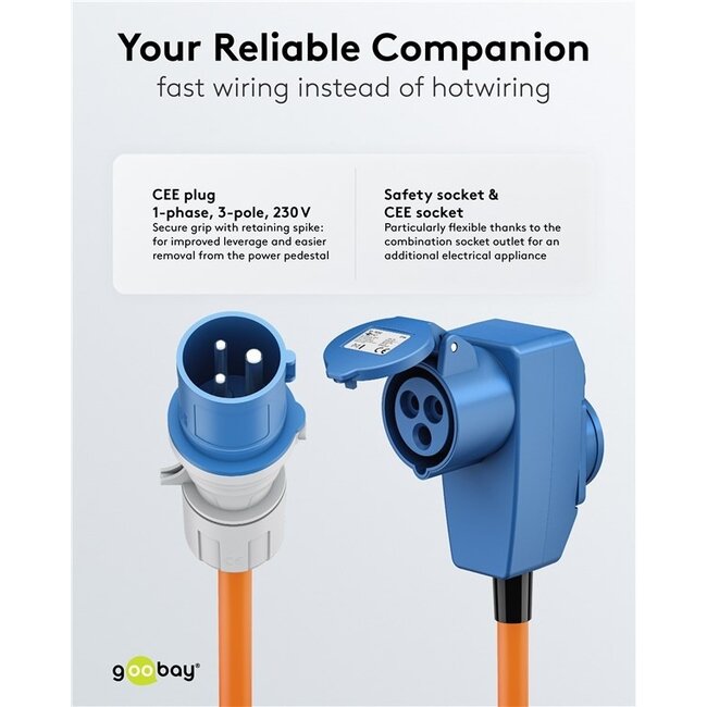 Camping-Stromkabel mit zusätzlicher Steckdose | CEE 3-polig 230V/16A | 3x 2,50mm² | IP44 | 5 Meter