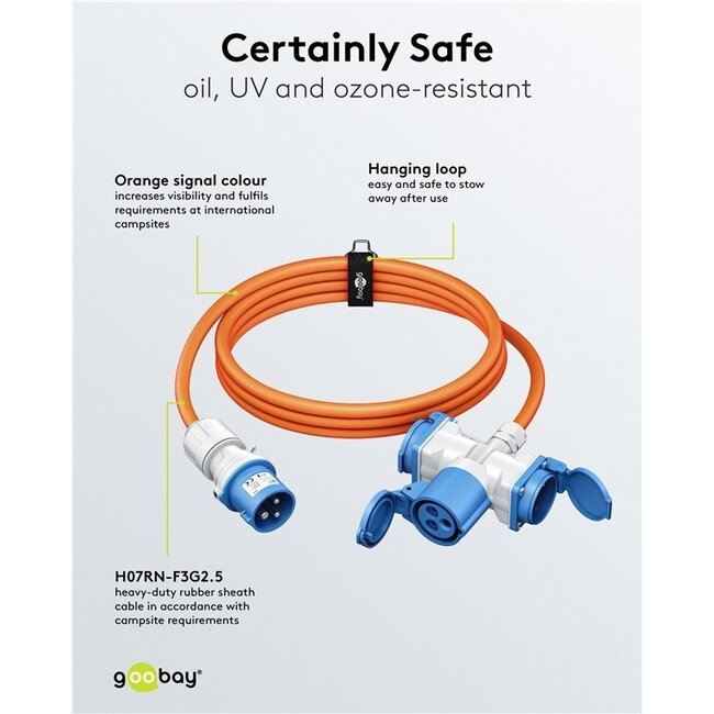 Camping-Stromkabel mit 2 Steckdosen | CEE 3-pol 230V/16A | 3x 2,50mm² | IP44 | 10m