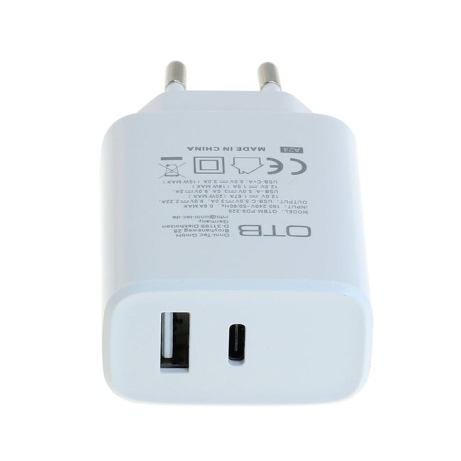 OTB USB-Ladegerät | USB-C PD + USB-A QC | 20W | Weiß