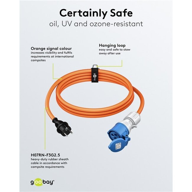 Camping-Stromkabel | CEE 7/7 - CEE 3-polig 230V/16A | 3x2,5mm² | IP44 | 5 Meter