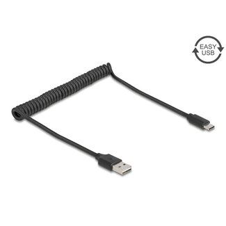DeLOCK USB-C zu USB-A Spiralkabel | USB 2.0 | QC 18W | Schwarz | 0,80 m