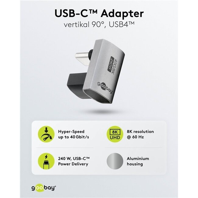 Goobay USB-C Winkeladapter oben/unten lang | USB4 40 Gbps | PD 240W | 8K 60Hz | Aluminium