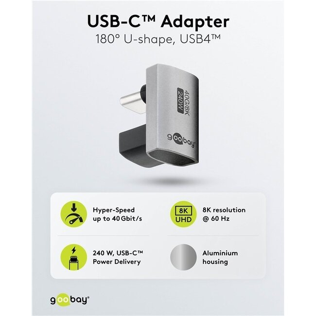 Goobay USB-C Winkeladapter | USB4 40 Gbps | PD 240W | 8K 60Hz | Aluminium