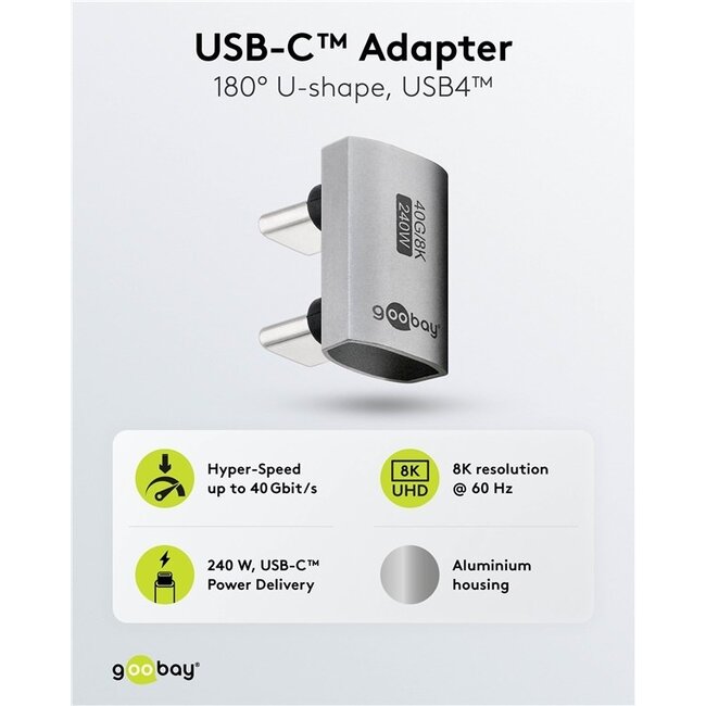 Goobay USB-C Adapter (m-m) | Winkelstecker (U-Bogen) | USB4 40 Gbps | PD 240W | 8K 60Hz | Aluminium