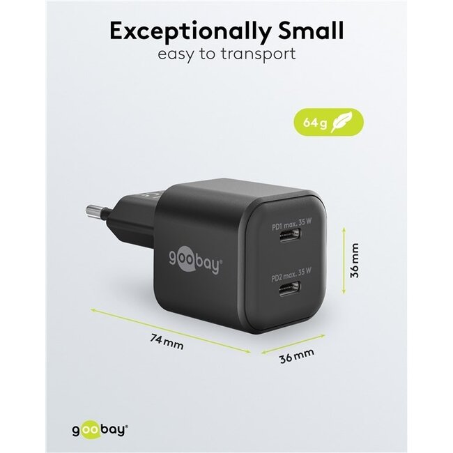 Goobay Nano USB-Ladegerät | 2x USB-C PD | GaN | 35W | Schwarz