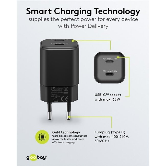 Goobay Nano USB-Ladegerät | 2x USB-C PD | GaN | 35W | Schwarz