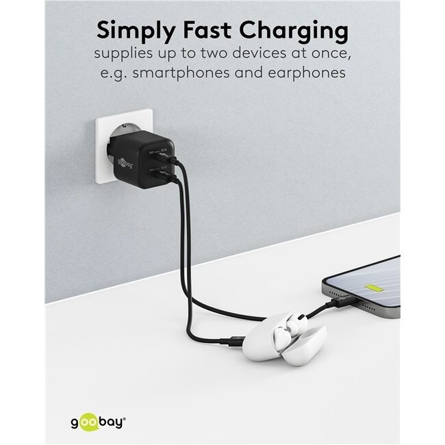 Goobay Nano USB-Ladegerät | 2x USB-C PD | GaN | 35W | Schwarz