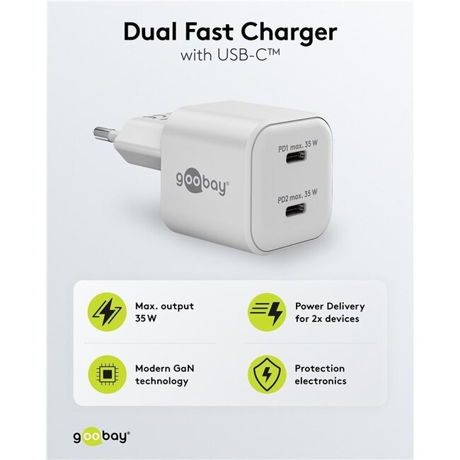 Goobay Nano USB Ladegerät | 2x USB-C PD | GaN | 35W | Weiß