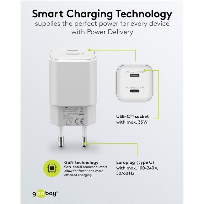 Goobay Nano USB Ladegerät | 2x USB-C PD | GaN | 35W | Weiß