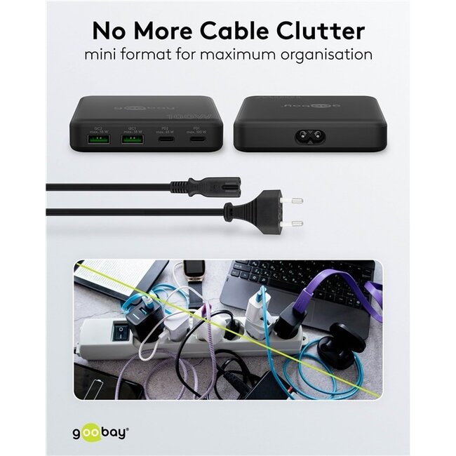 Goobay USB-Ladegerät | 2x USB-C PD & 2x USB-A QC | GaN | 100W | Schwarz