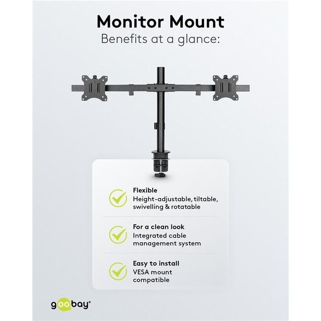 Goobay Schreibtischhalterung für 2 Monitore bis 32 Zoll | Full Motion mit Querstrebe
