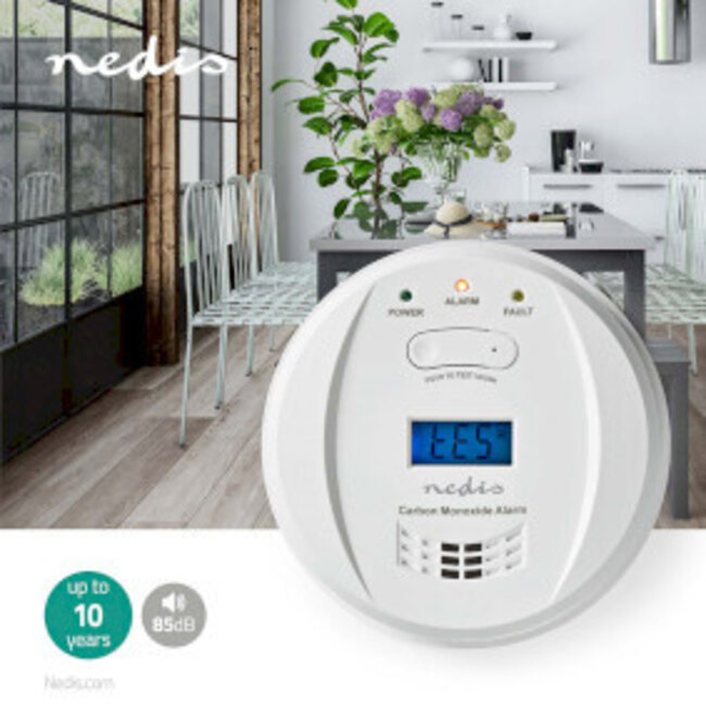 Kohlenmonoxidmelder mit Batterie | 5 Jahre Batterielaufzeit | Test- & Pausentaste | 85 dB | Weiß