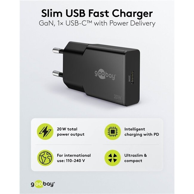 Goobay Slim USB-Ladegerät | USB-C PD | GaN | 20W | Schwarz