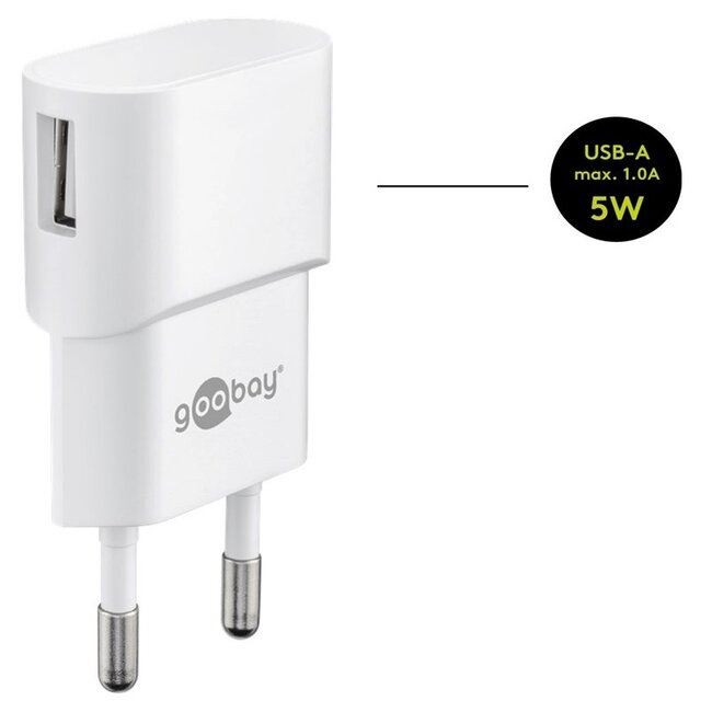 Goobay USB-Ladegerät | rechtwinklig | 1x USB-A | inkl. USB-C Kabel | 5W | weiß | 1 Meter