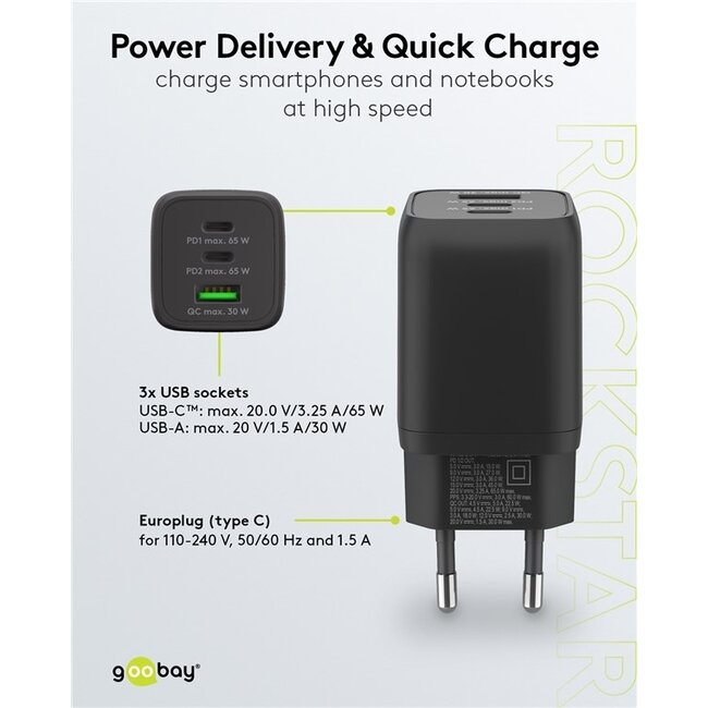 Goobay USB-Ladegerät | 2x USB-C PD & 1x USB-A QC | inkl. USB-C Kabel | 65W | Schwarz | 1m