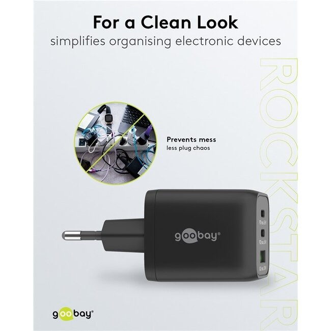 Goobay USB-Ladegerät | 2x USB-C PD & 1x USB-A QC | inkl. USB-C Kabel | 65W | Schwarz | 1m