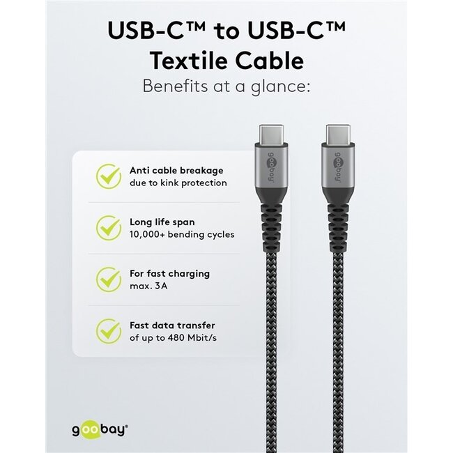 Goobay USB-Ladegerät | 2x USB-C PD & 1x USB-A QC | inkl. USB-C Kabel | 65W | Schwarz | 1m