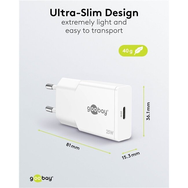 Goobay Slim USB-Ladegerät | USB-C PD | GaN | 25W | Weiß