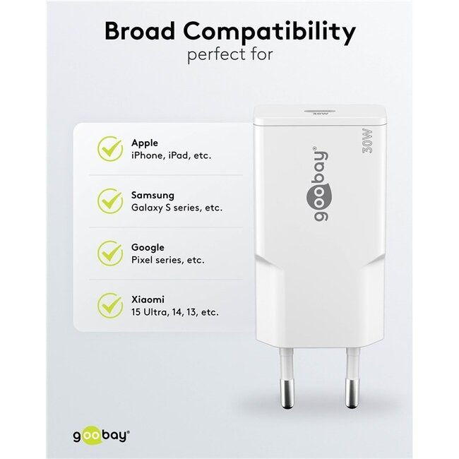 Goobay Slim USB-Ladegerät | USB-C PD | GaN | 30W | Weiß