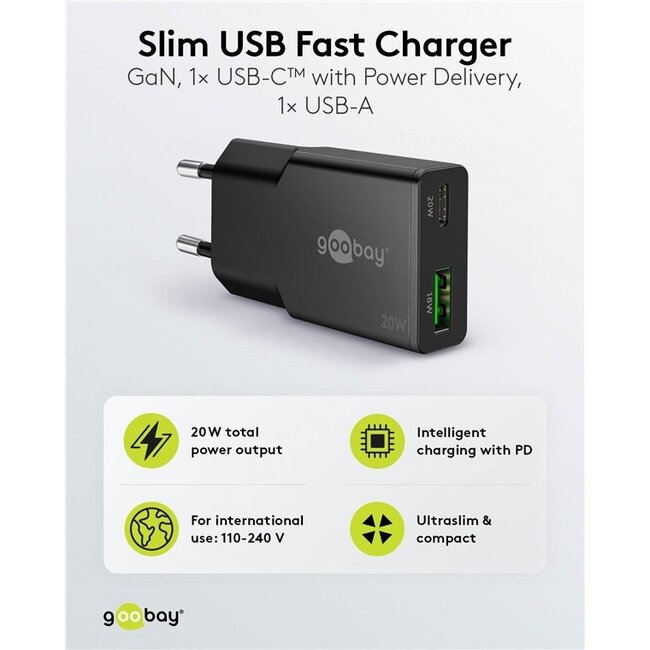 Goobay Slim USB-Ladegerät | USB-C PD + USB-A QC | GaN | 20W | Schwarz