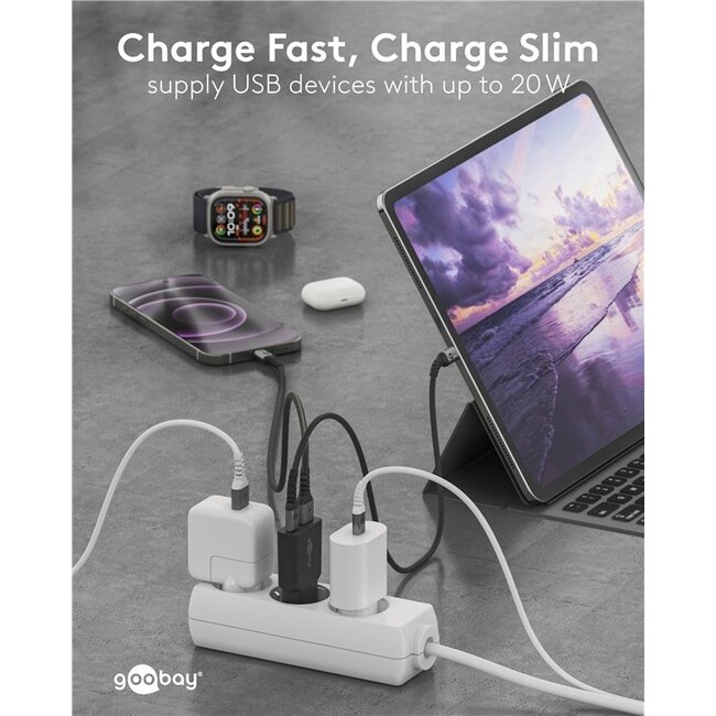 Goobay Slim USB-Ladegerät | USB-C PD + USB-A QC | GaN | 20W | Schwarz