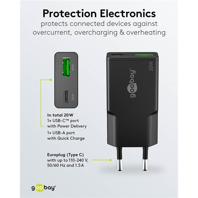 Goobay Slim USB-Ladegerät | USB-C PD + USB-A QC | GaN | 20W | Schwarz