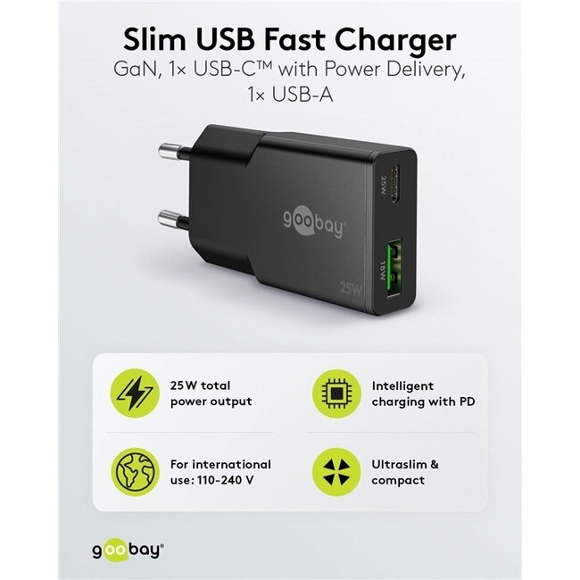 Goobay Slim USB-Ladegerät | USB-C PD + USB-A QC | GaN | 25W | Schwarz