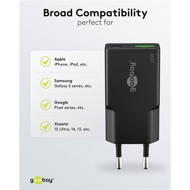 Goobay Slim USB-Ladegerät | USB-C PD + USB-A QC | GaN | 25W | Schwarz