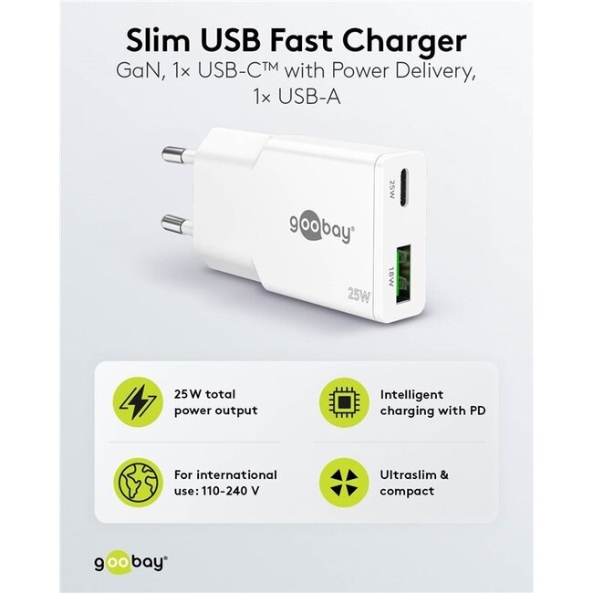 Goobay Slim USB-Ladegerät | USB-C PD + USB-A QC | GaN | 25W | Weiß