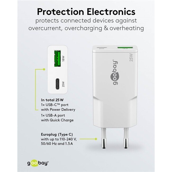 Goobay Slim USB-Ladegerät | USB-C PD + USB-A QC | GaN | 25W | Weiß