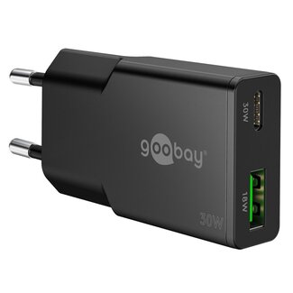 Goobay Goobay Slim USB-Ladegerät | USB-C PD + USB-A QC | GaN | 30W | Schwarz