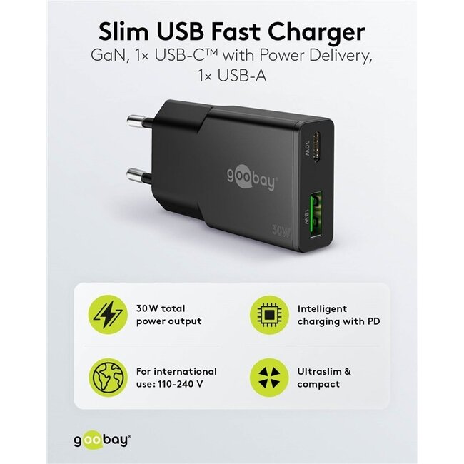 Goobay Slim USB-Ladegerät | USB-C PD + USB-A QC | GaN | 30W | Schwarz