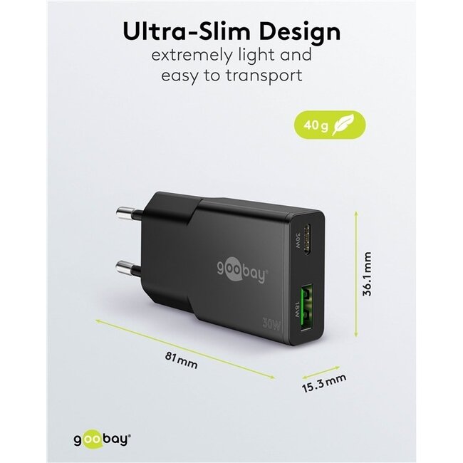Goobay Slim USB-Ladegerät | USB-C PD + USB-A QC | GaN | 30W | Schwarz
